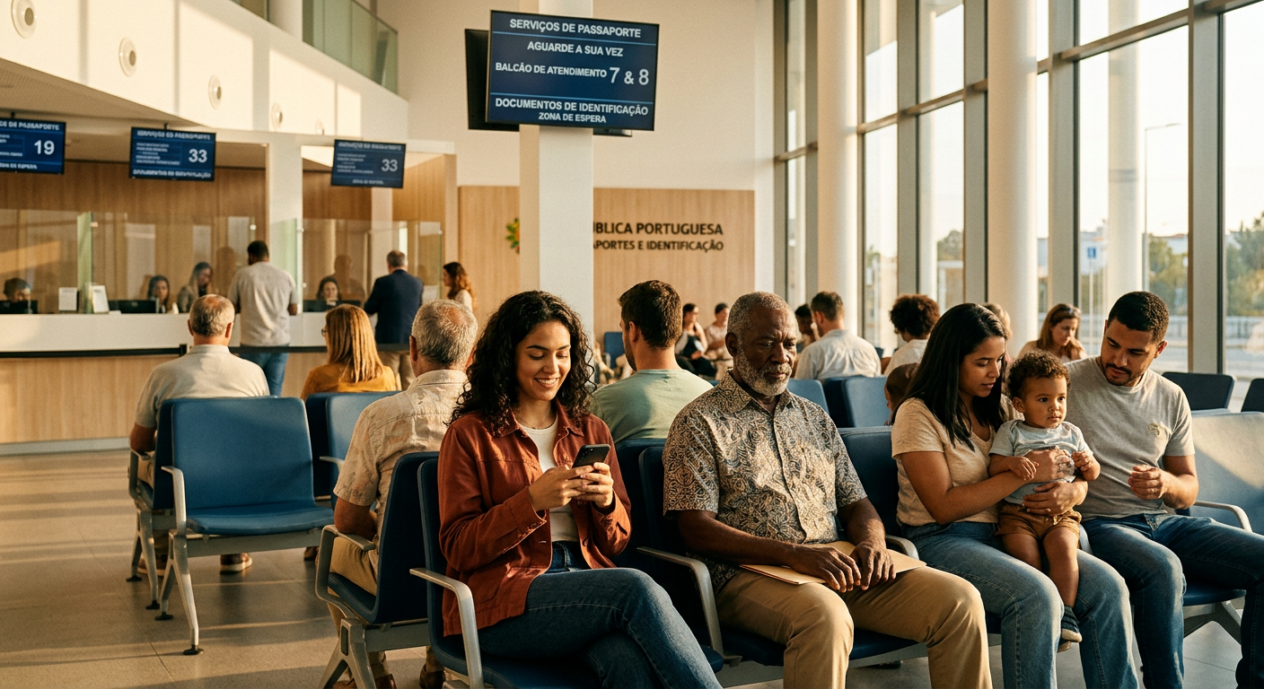 Pessoas aguardando o atendimento em um posto da Polícia Federal para solicitação de passaporte.
