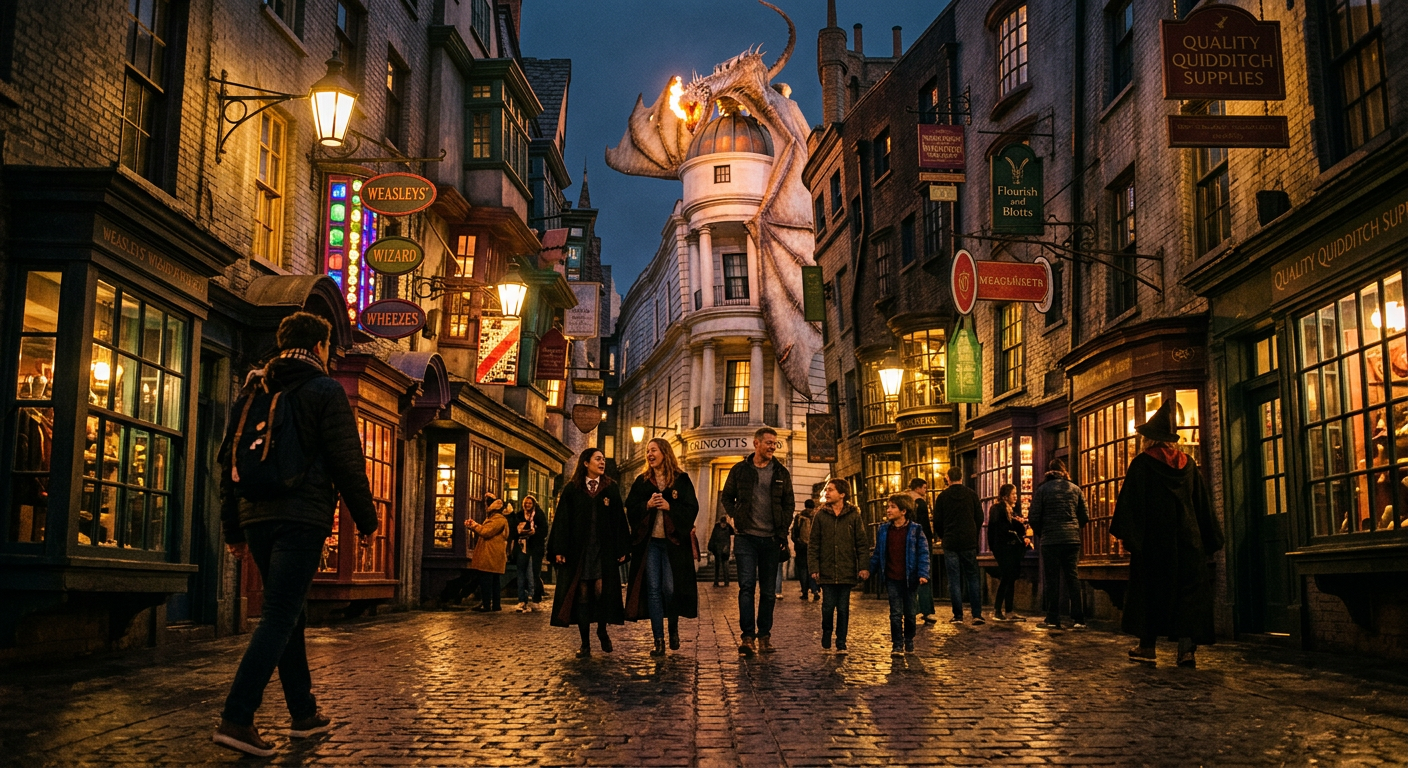 A magia do Beco Diagonal à noite é imperdível no Universal Studios Florida.