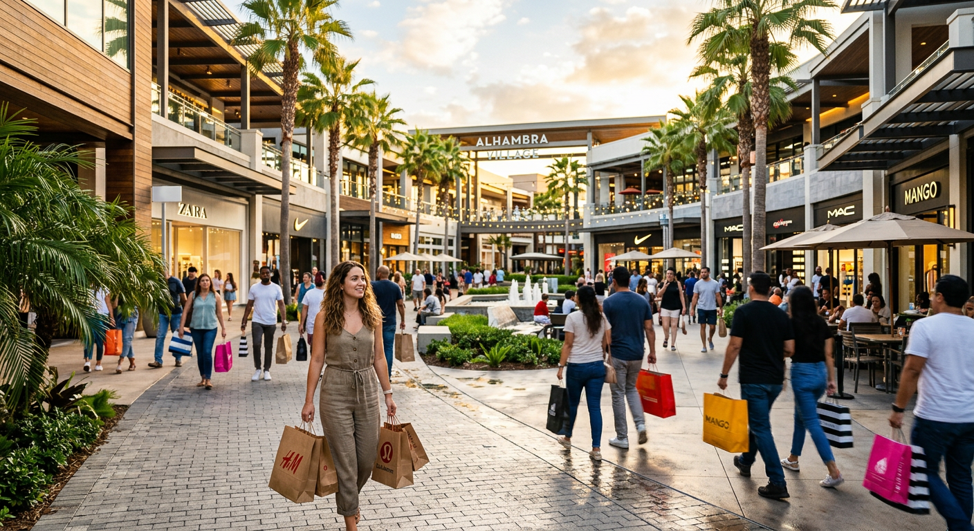 Ruas do Premium Outlets International Drive, com lojas e visitantes.