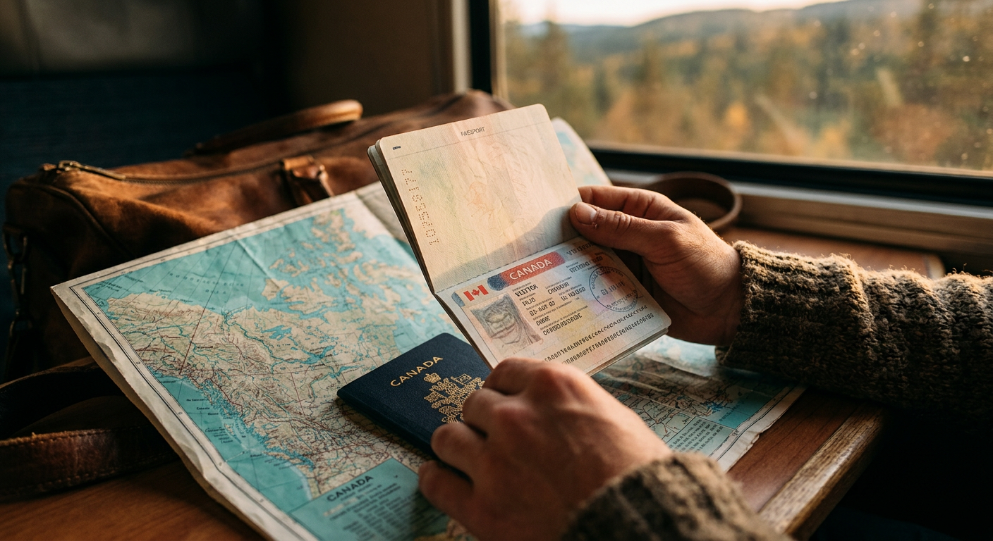 Um passaporte brasileiro com o visto canadense, pronto para a viagem.