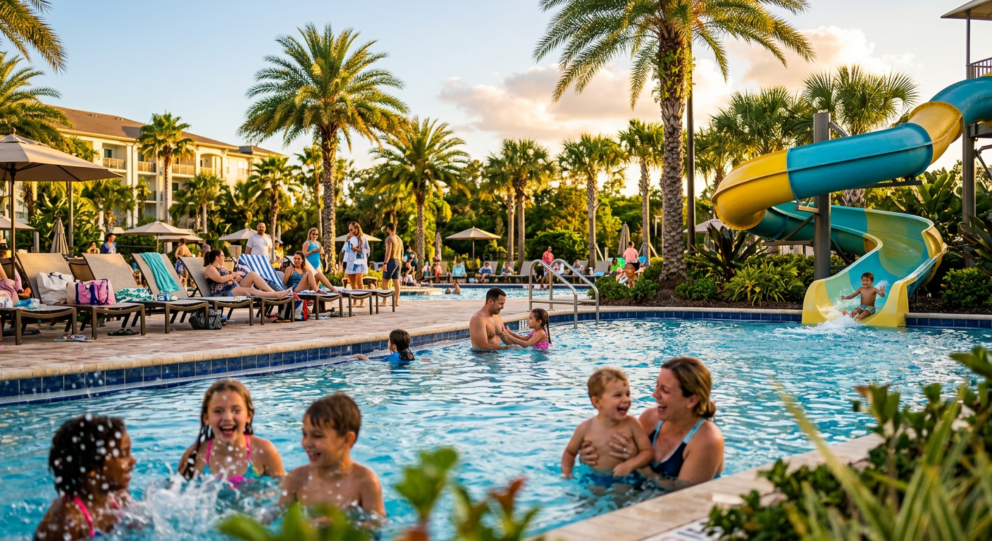 Muitos hotéis em Orlando oferecem excelentes áreas de lazer para relaxar após um dia intenso nos parques.