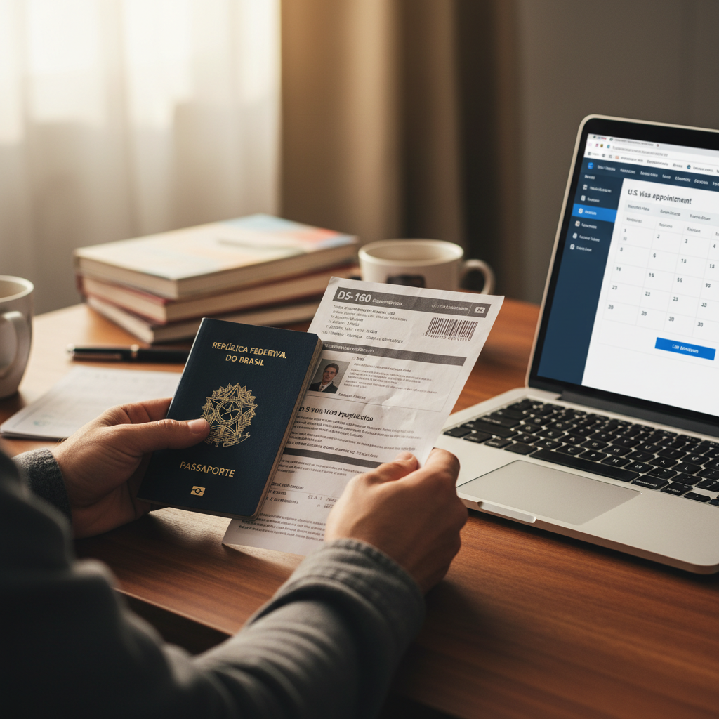 Organize seus documentos: o DS-160 e o passaporte são essenciais para o agendamento do visto americano.