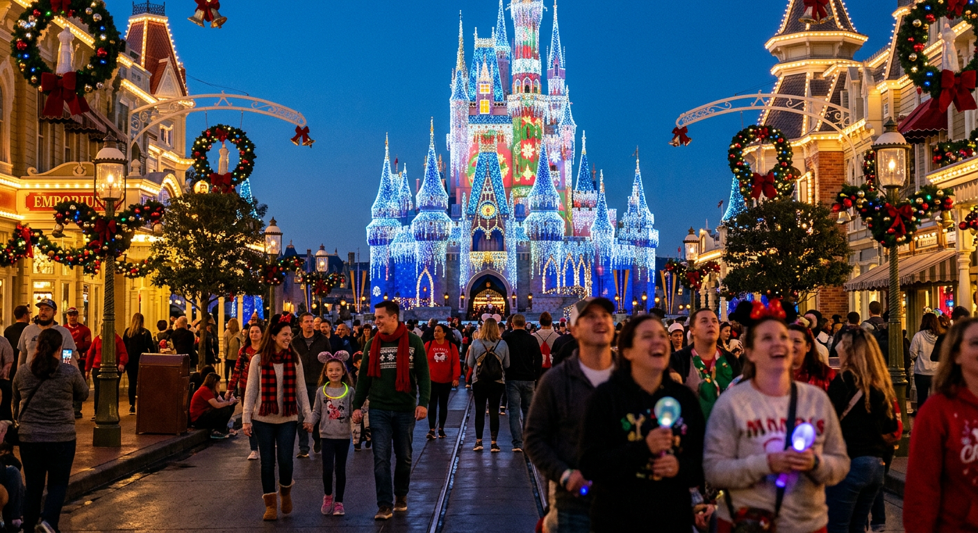 O Castelo da Cinderela no Magic Kingdom, transformado pela magia das luzes de Natal.