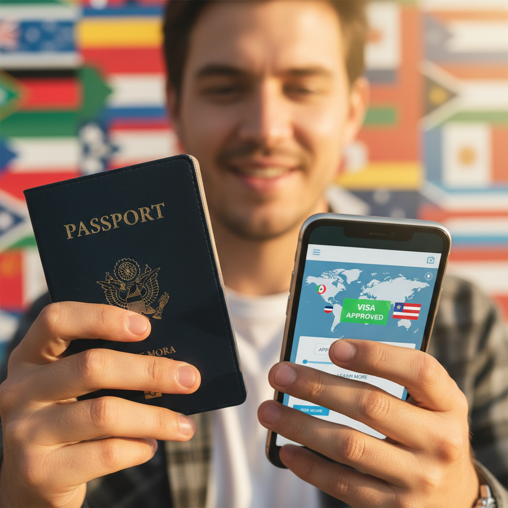 Tela de um simulador de vistos exibindo os requisitos de entrada para um destino específico.