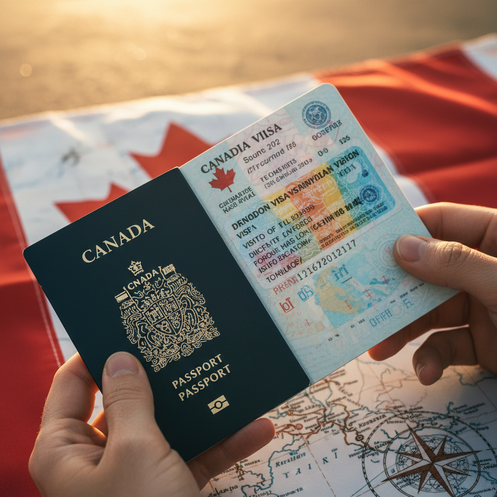 Um visto de visitante canadense em um passaporte, pronto para a aventura.