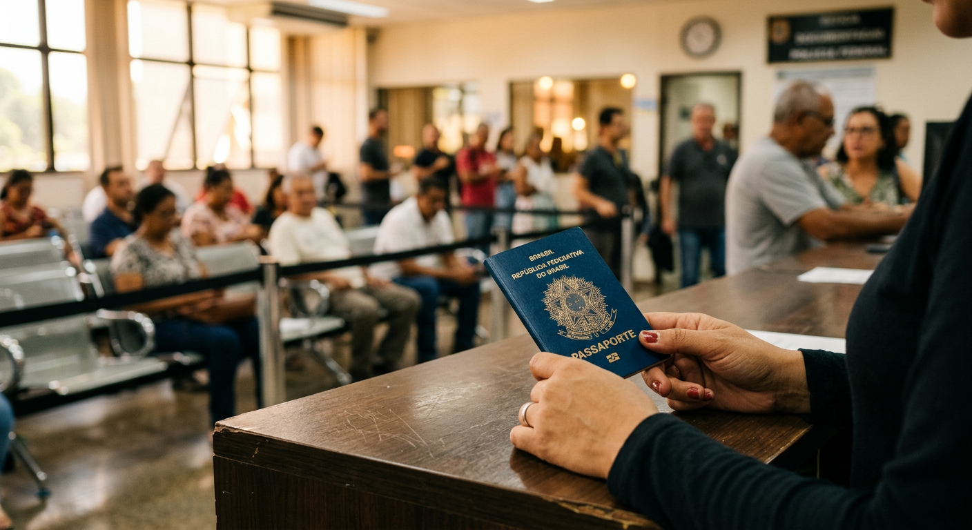 Aguardando a retirada do passaporte na Polícia Federal.