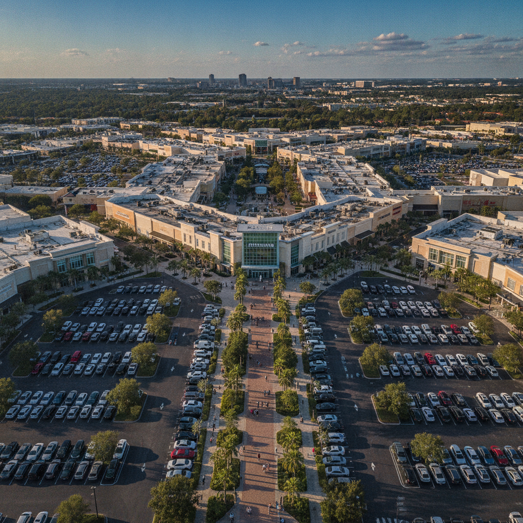 Vista aérea de um dos Premium Outlets, mostrando a dimensão do centro de compras.