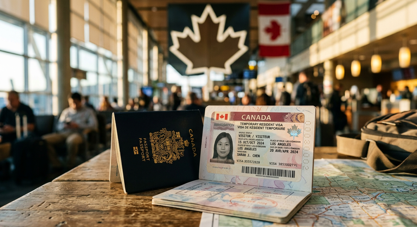O visto físico é anexado ao seu passaporte, permitindo sua entrada no Canadá.