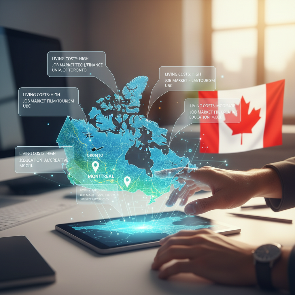 Explore as possibilidades virtuais de vida, estudo e trabalho em diferentes regiões do Canadá.