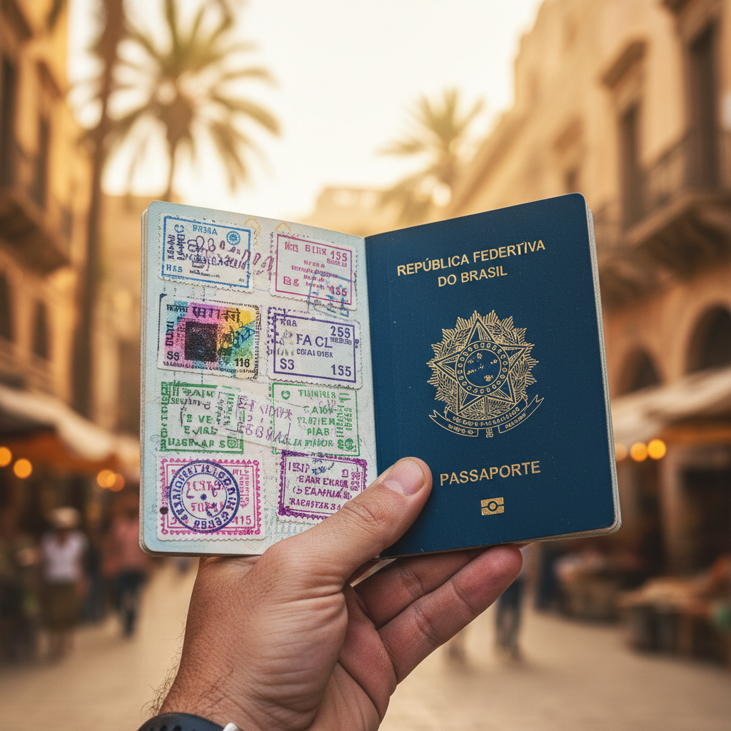 Um passaporte brasileiro com selos de visto exemplificando a diversidade de requisitos.