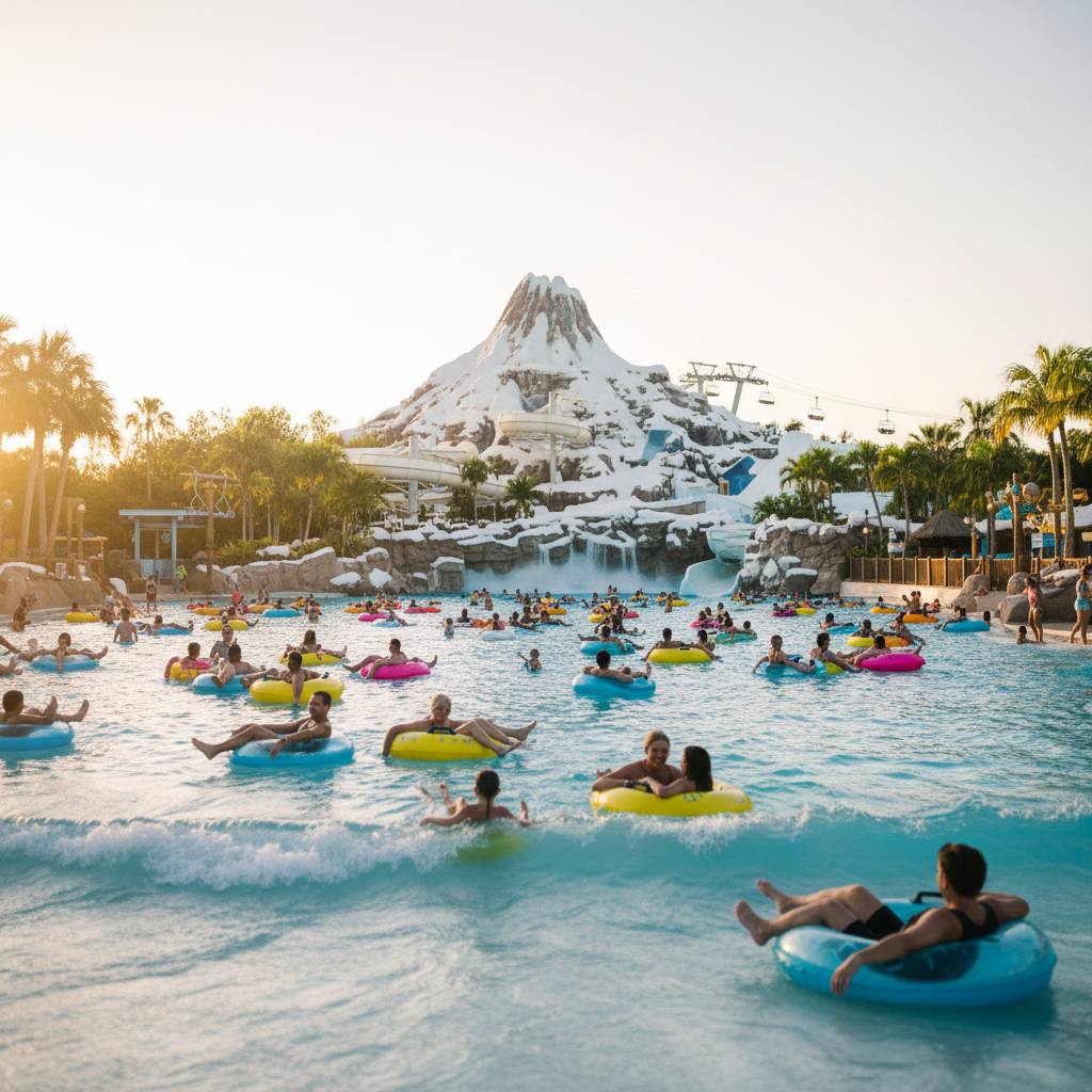 Relaxe na grande piscina de ondas Melt-Away Bay, perfeita para todas as idades.
