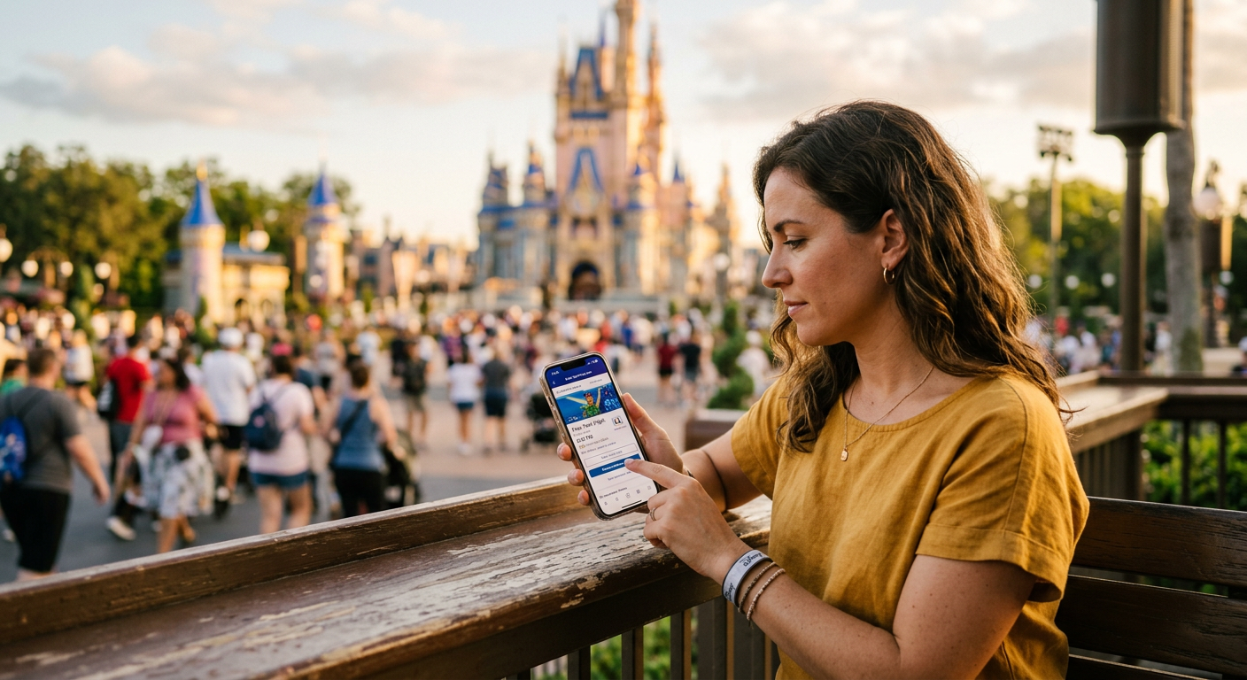 A interface do Disney Genie+ no aplicativo My Disney Experience.