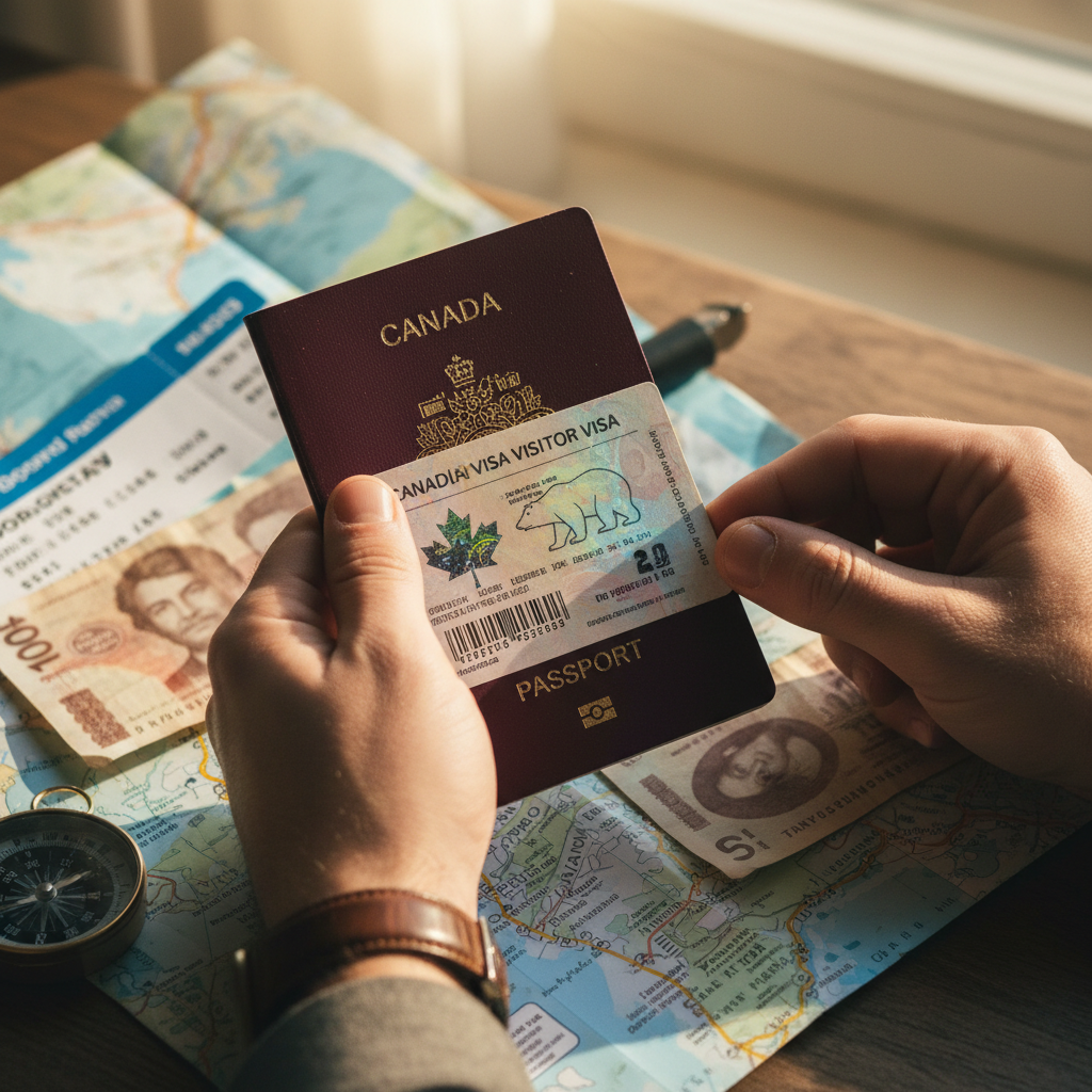 Um visto de visitante canadense físico aposto em um passaporte.