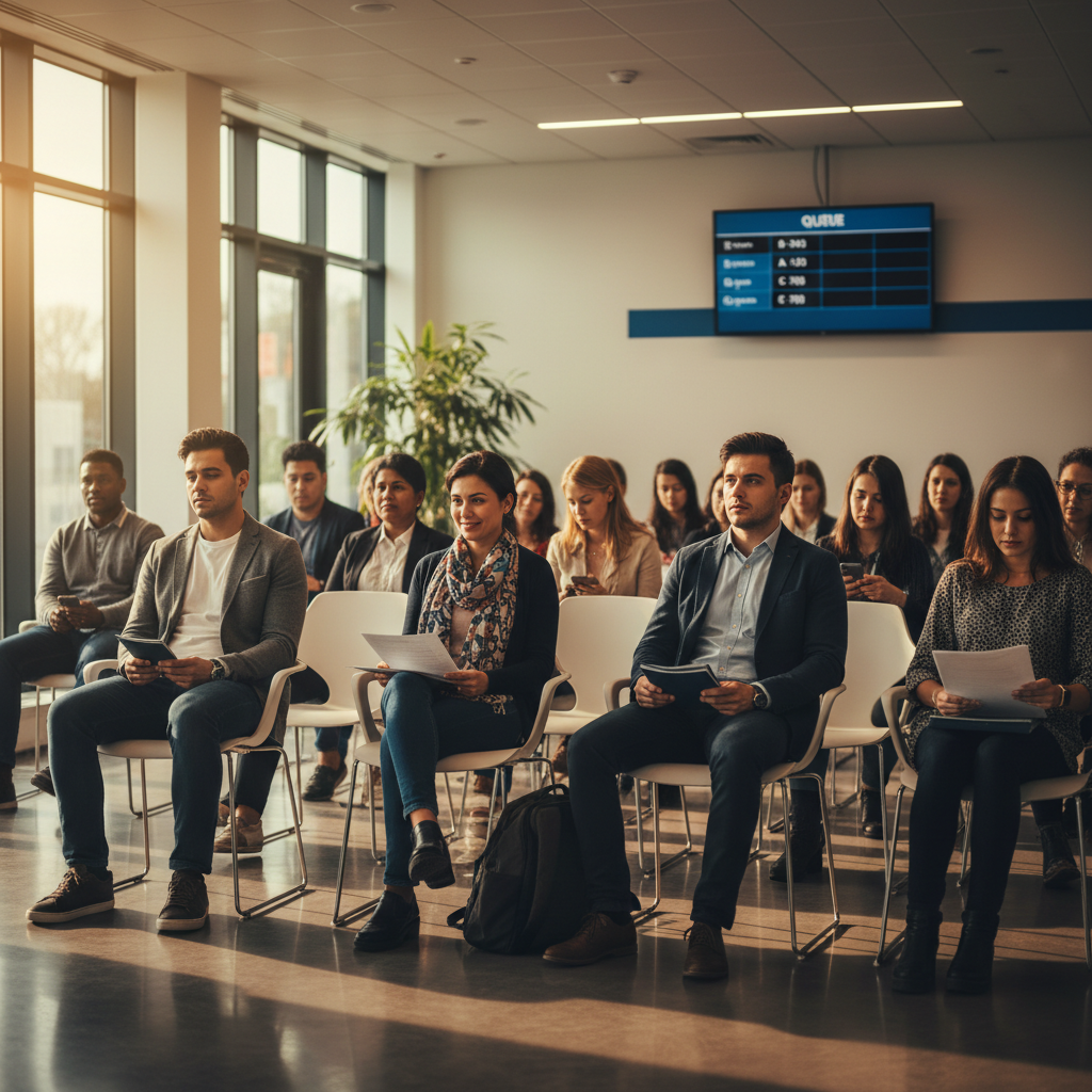 Pessoas aguardando atendimento no Centro de Atendimento ao Solicitante de Visto (CASV).