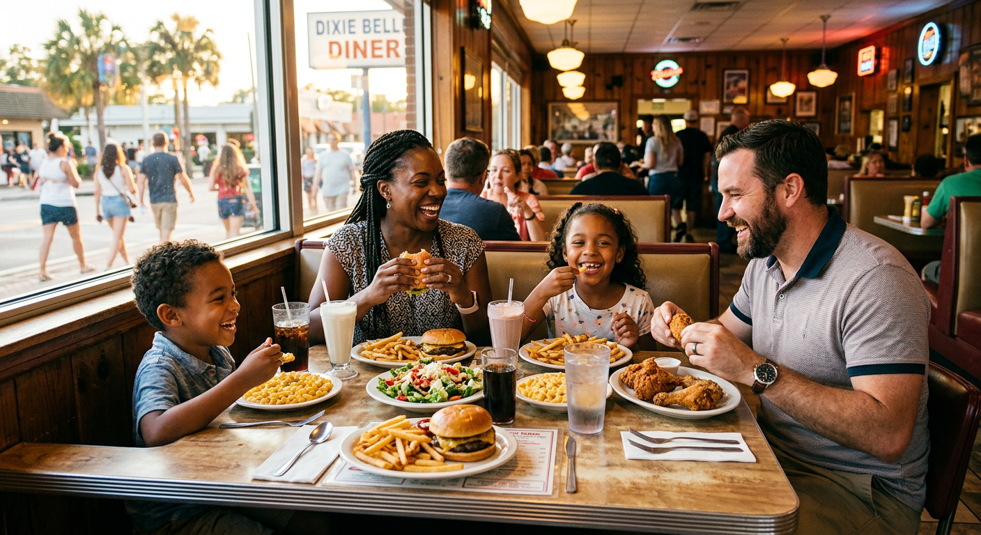 Aproveite os diversos restaurantes fora dos parques para economizar e experimentar novos sabores.