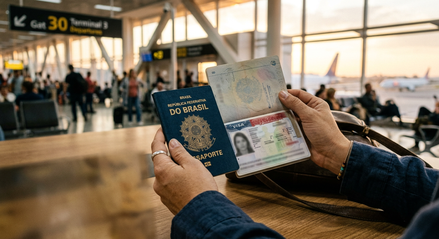 O passaporte brasileiro com o tão sonhado visto americano.