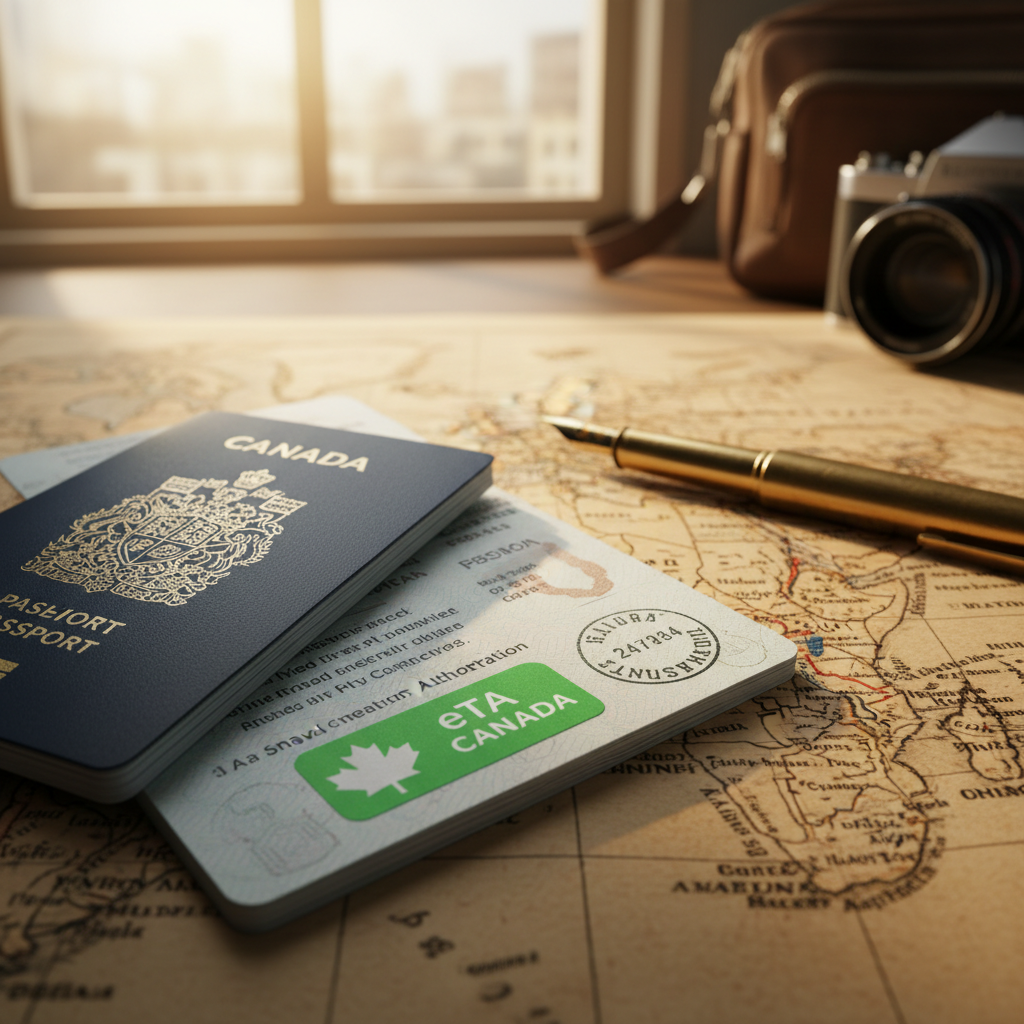 Um passaporte brasileiro com o eTA ou visto canadense, pronto para a viagem.
