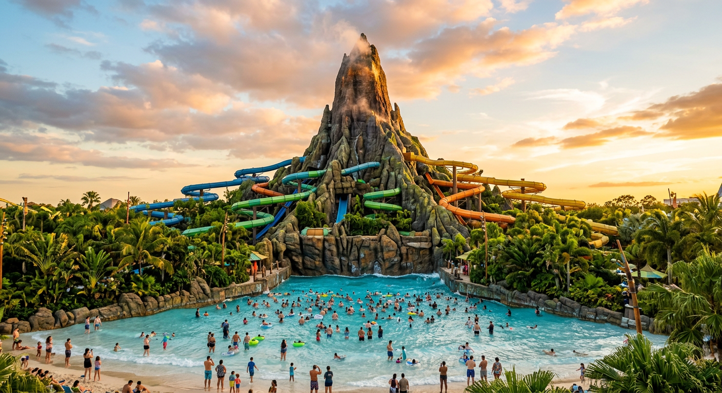 O imponente vulcão Krakatau, a peça central e mais famosa atração do Volcano Bay.