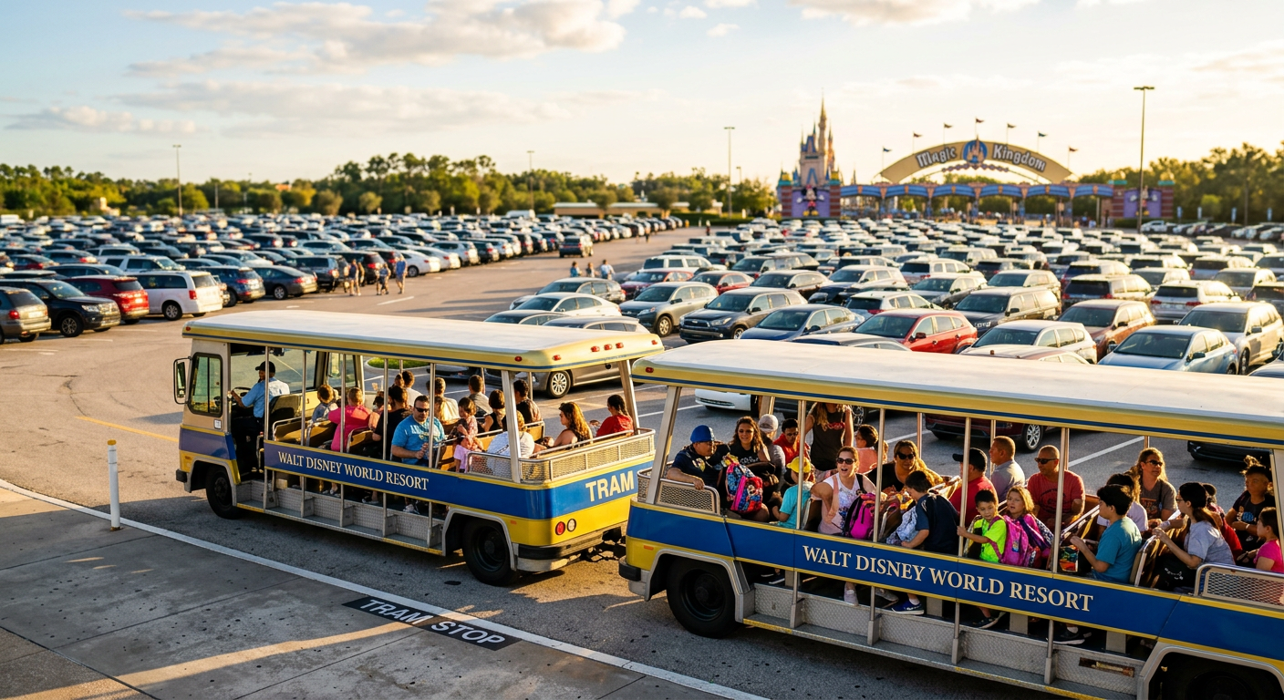 O estacionamento nos parques Disney é vasto e bem sinalizado, com trams para facilitar o transporte até a entrada.