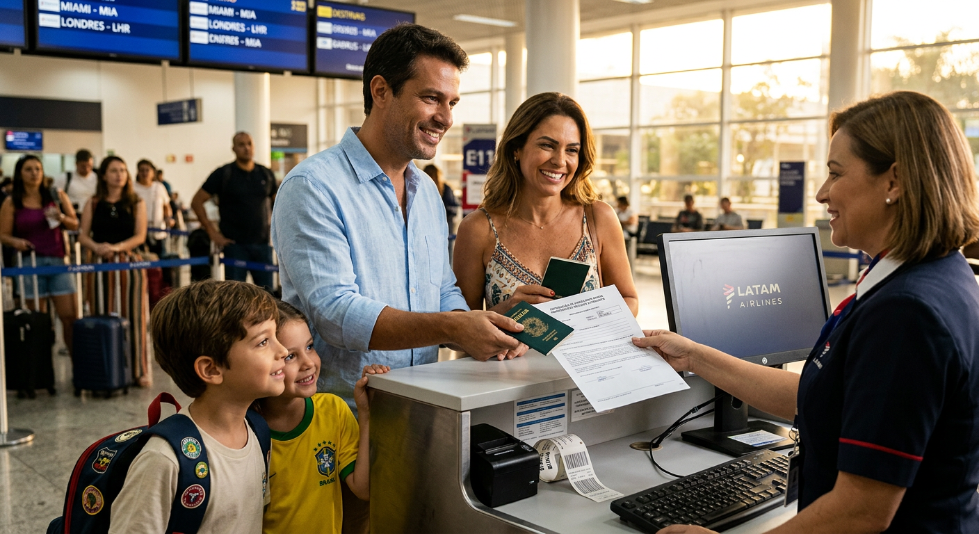 Apresentando os documentos de viagem no balcão de check-in.