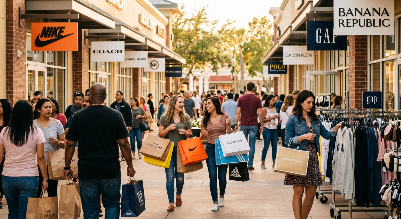Shoppers aproveitando as promoções no Premium Outlets International Drive.
