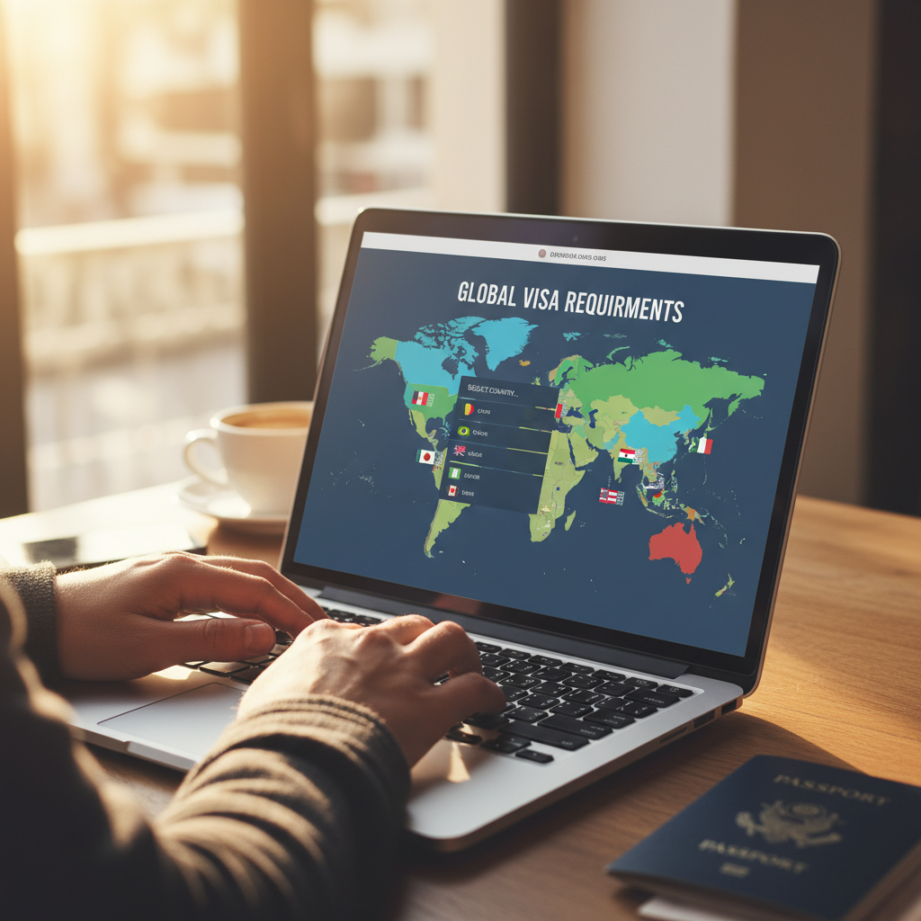 Tela de um simulador de vistos em uso, exibindo opções de países e requisitos.