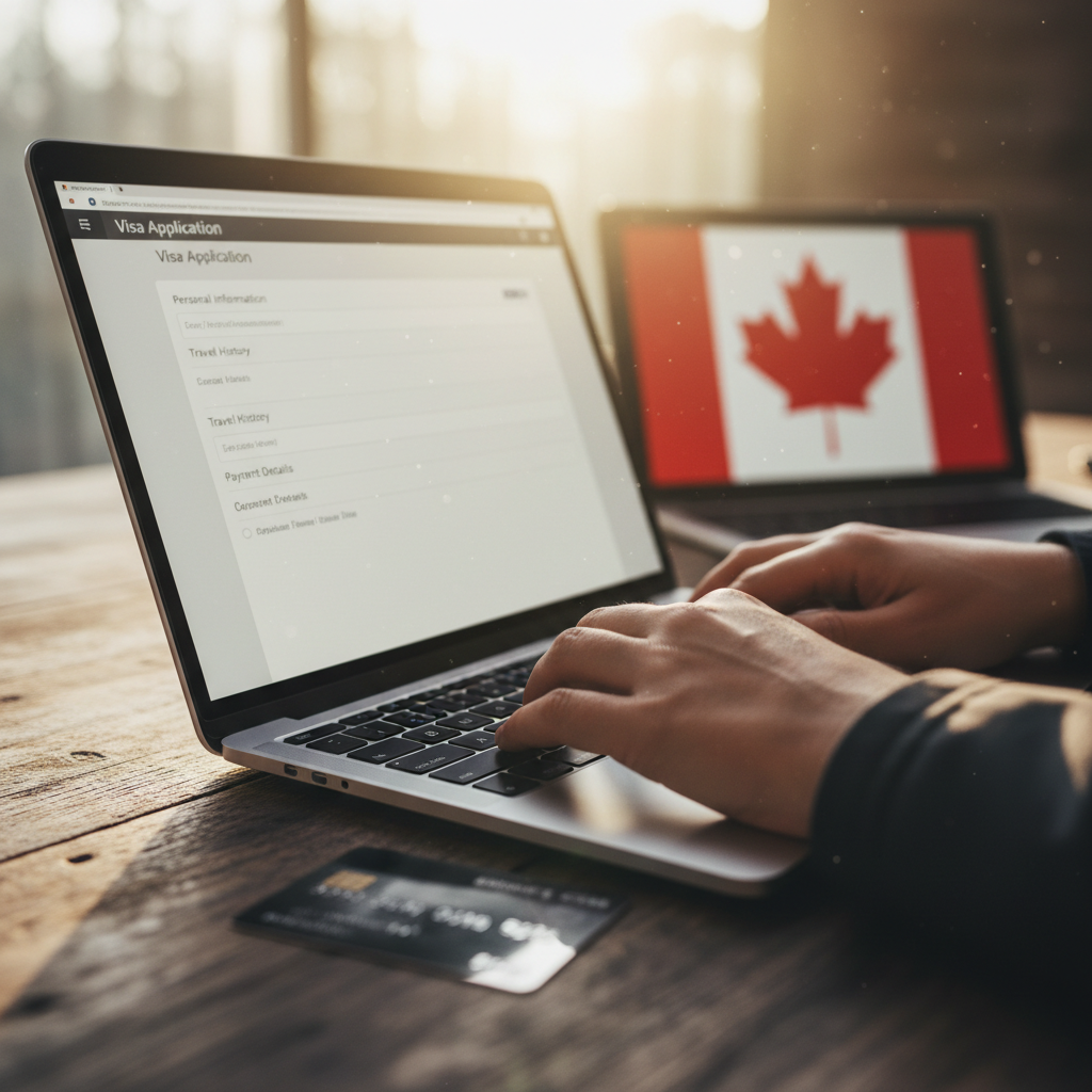 Preenchendo o formulário de aplicação online, uma etapa crucial no processo do visto canadense.