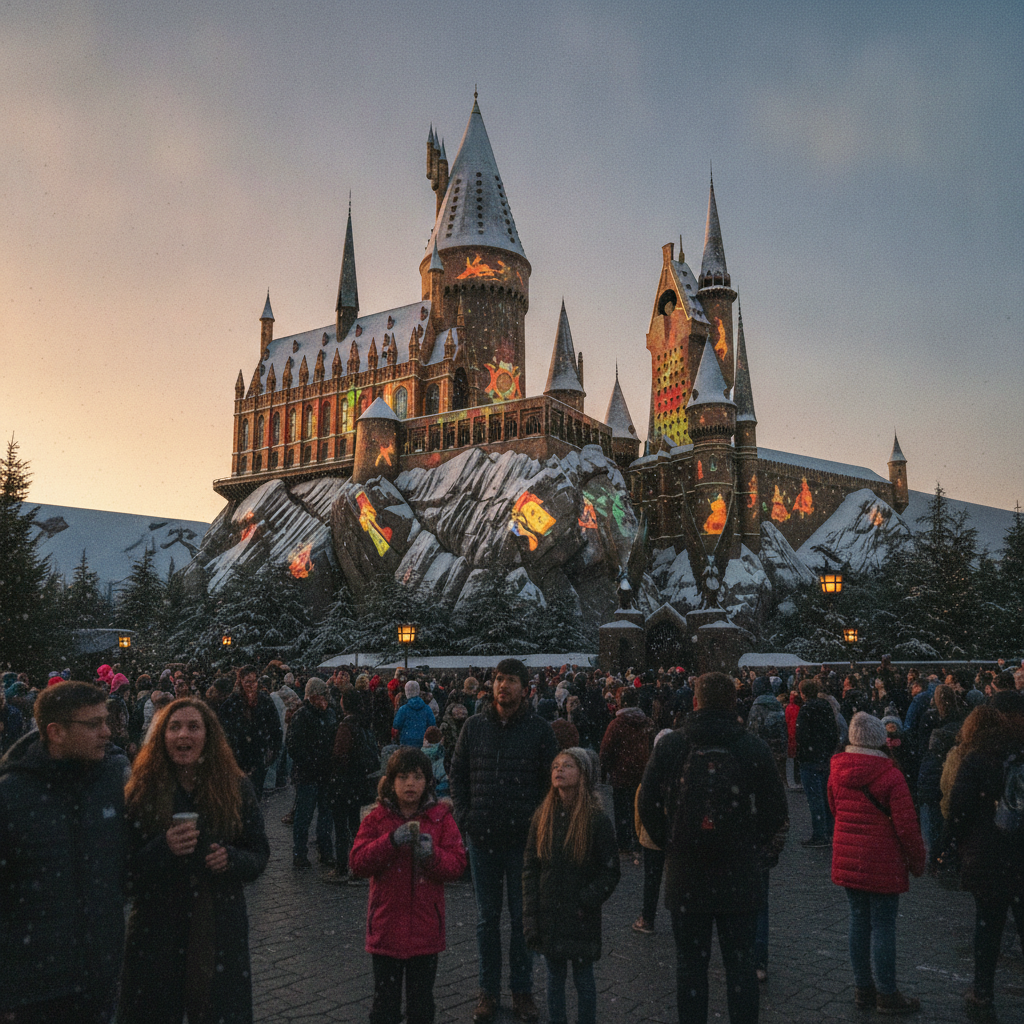 O Castelo de Hogwarts iluminado com projeções natalinas na Universal Studios.
