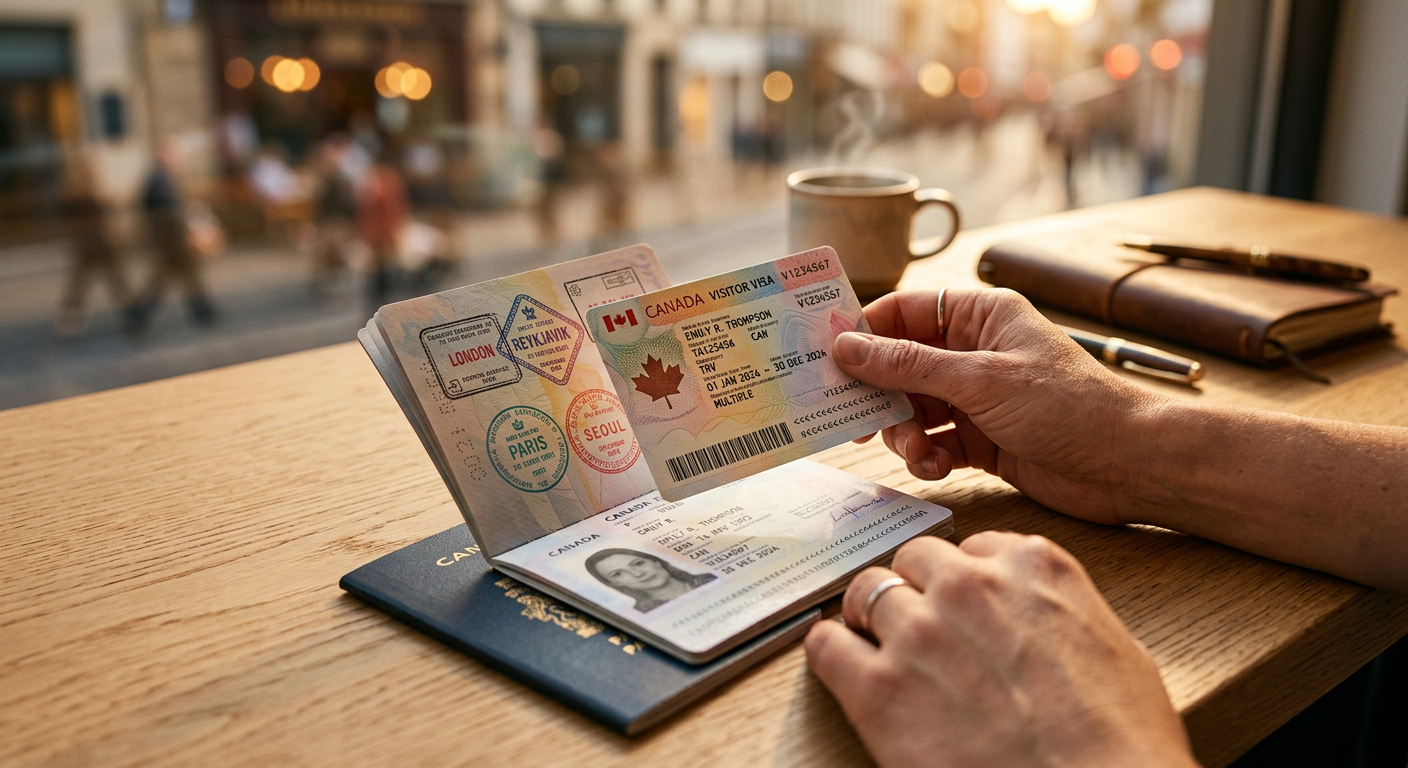 Detalhes do visto canadense e passaporte, simbolizando a etapa final da aplicação.