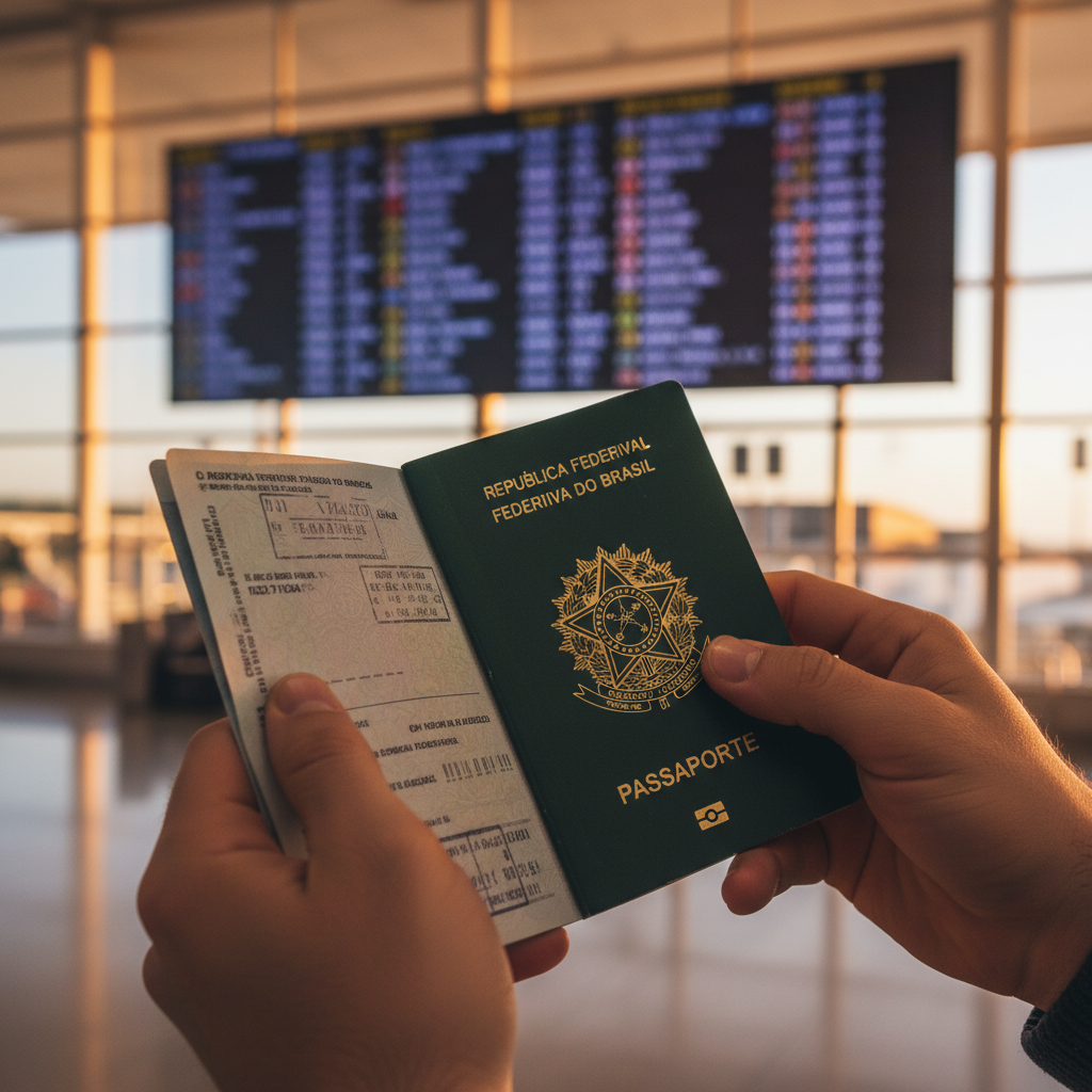 A emoção de ter o passaporte em mãos, pronto para a próxima aventura internacional.