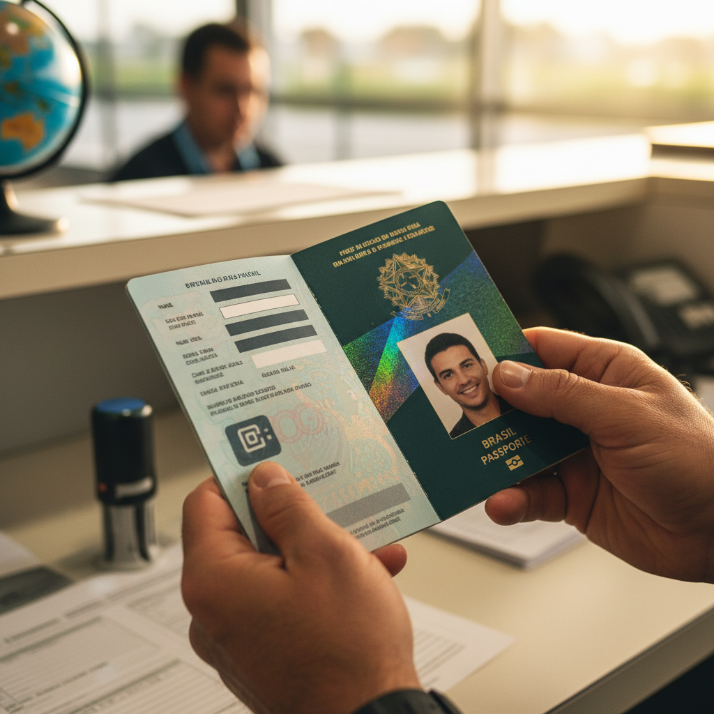 Detalhes do passaporte brasileiro e a página de dados biométricos.