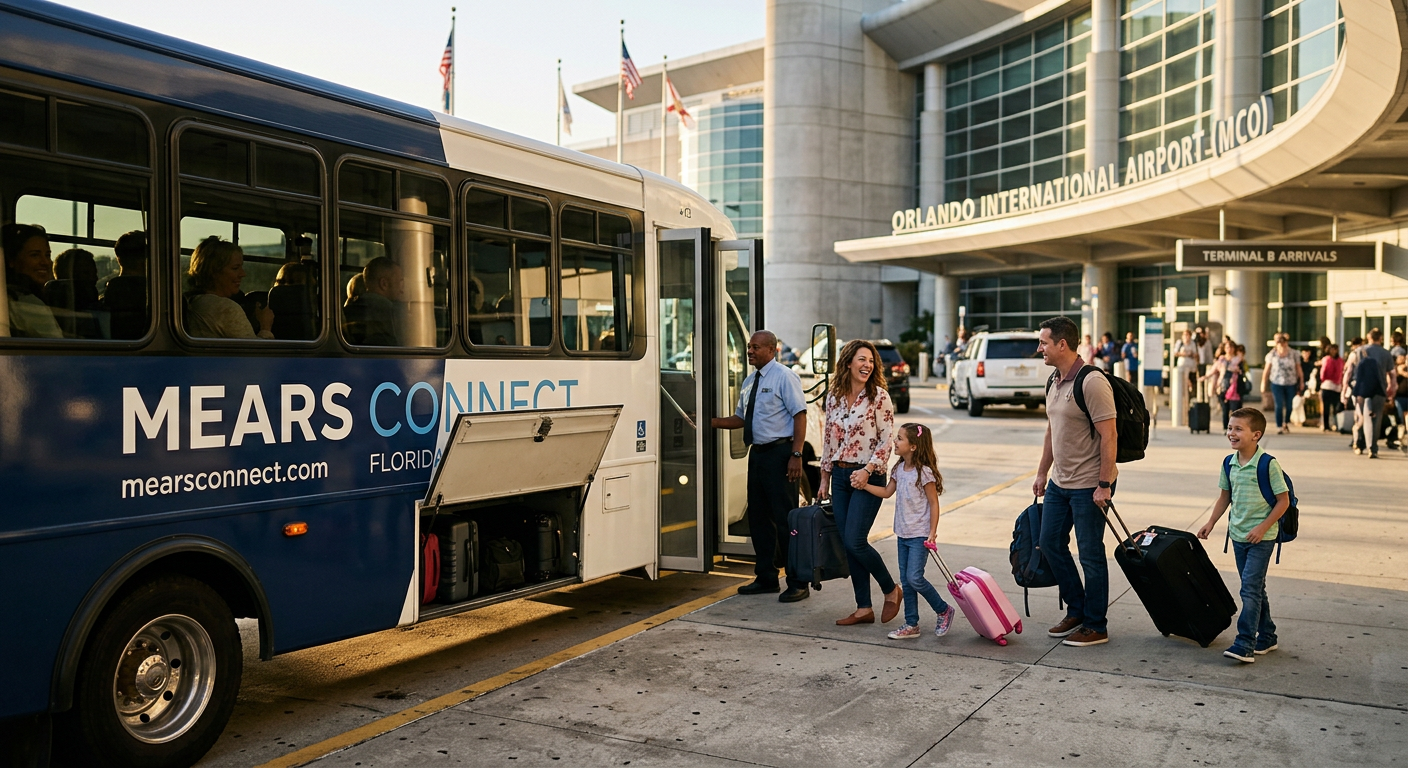 Ônibus da Mears Connect, uma das opções mais populares para transporte aeroporto-Disney.
