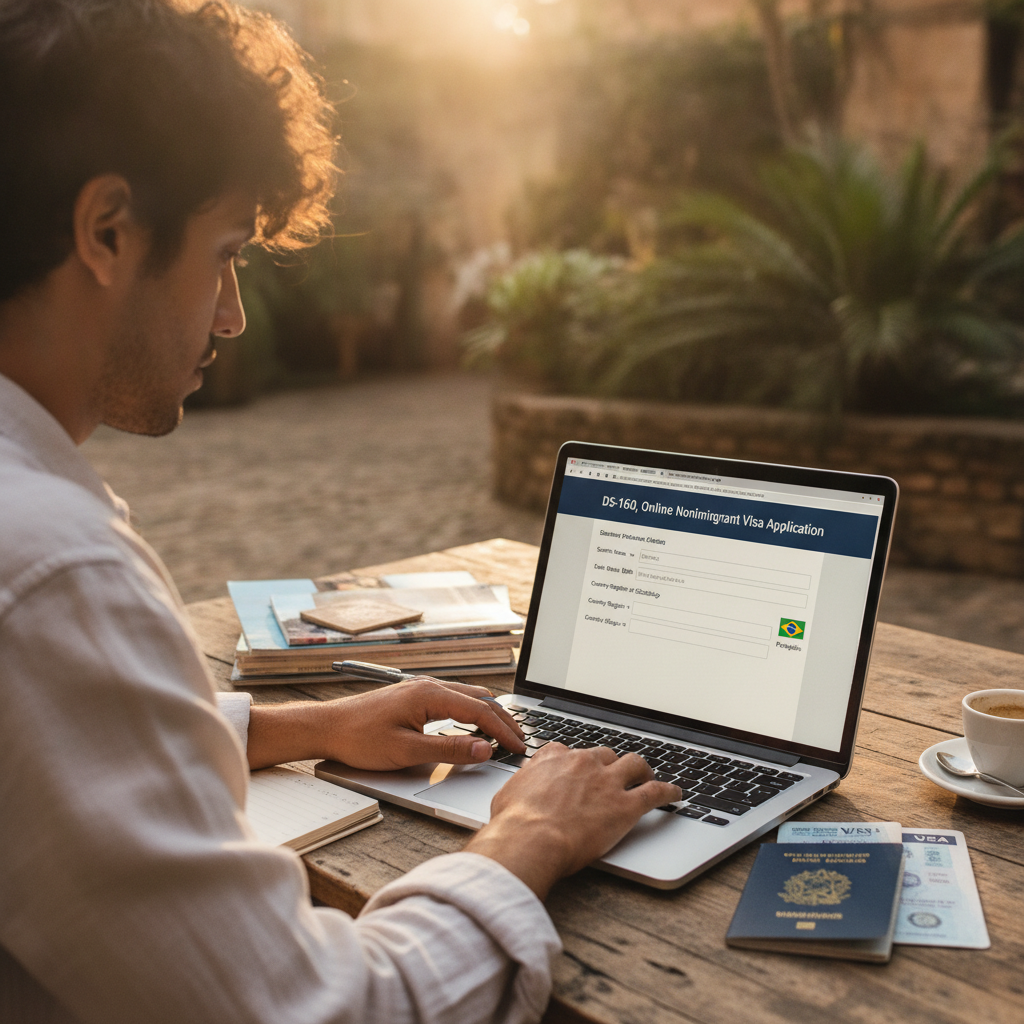Preenchendo o formulário DS-160 online, etapa crucial para a renovação do visto americano.