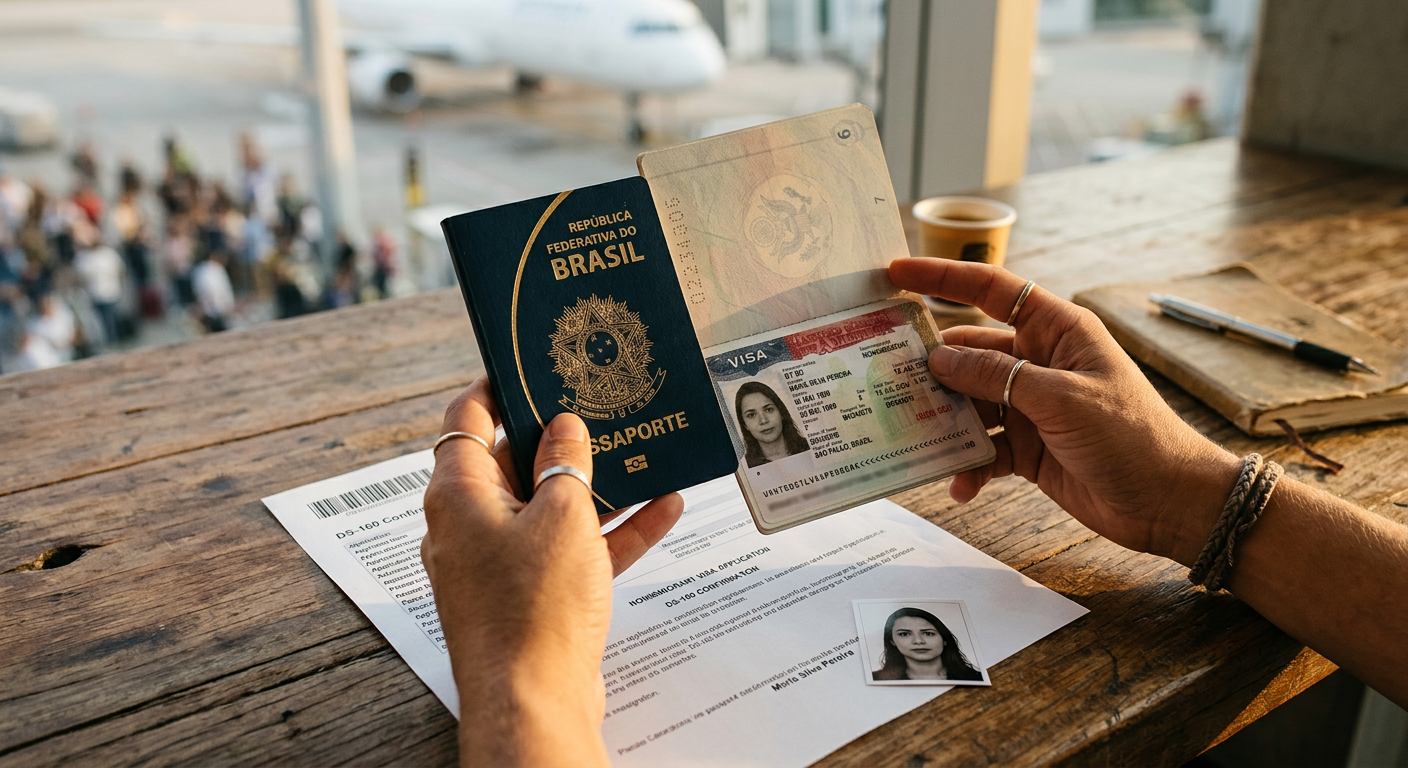 Todos os documentos essenciais para a renovação do visto americano organizados e prontos para o envio.