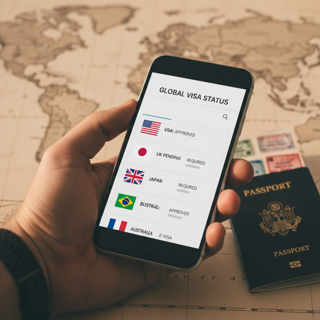 Usando um simulador de vistos no celular, essencial para o viajante moderno.