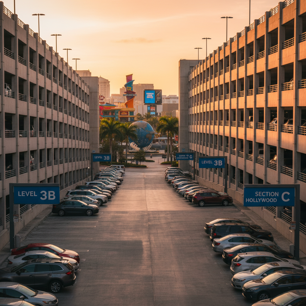 O complexo de estacionamento da Universal, com fácil acesso ao CityWalk e aos parques.