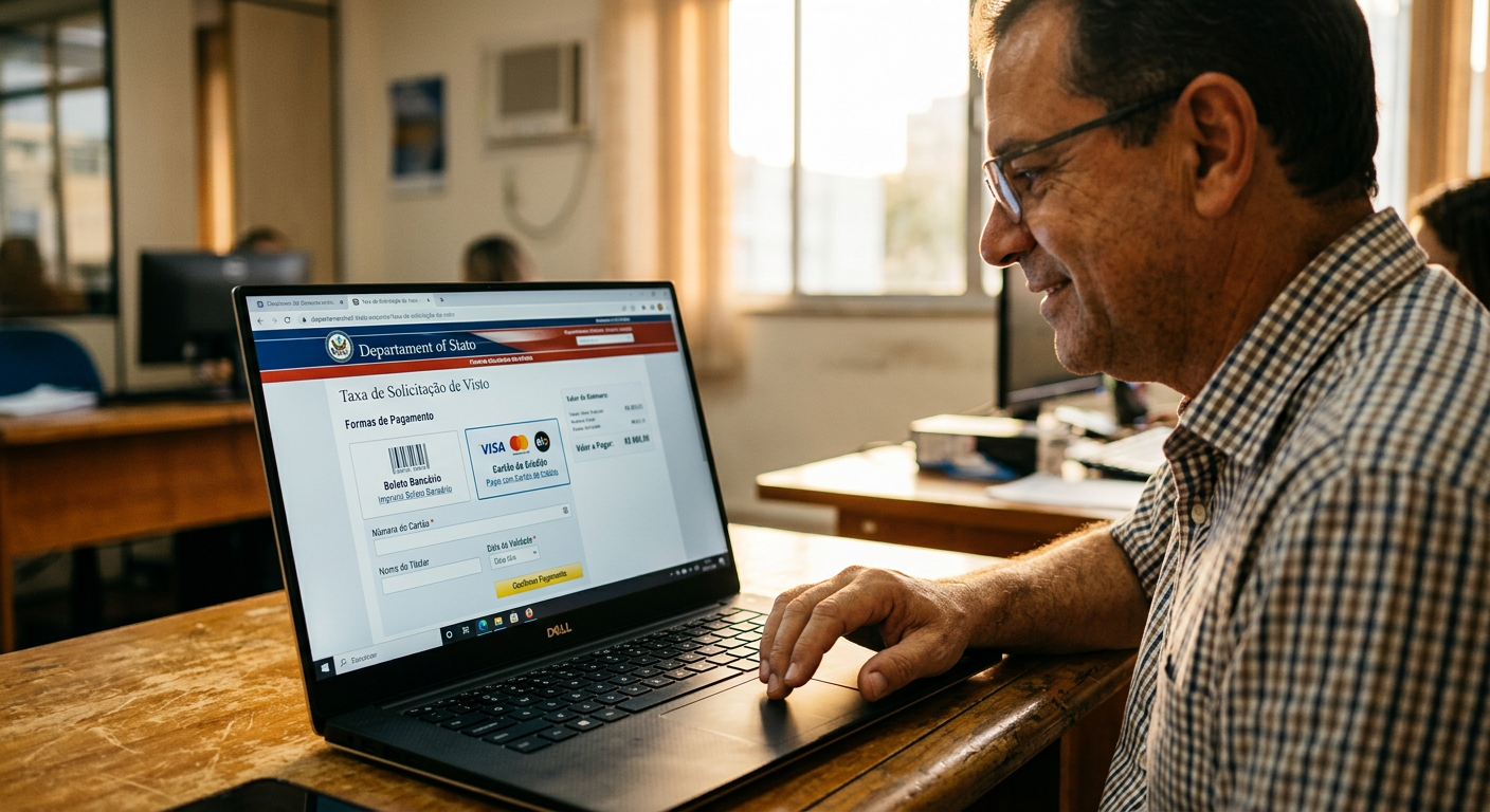 Tela de pagamento do visto americano, mostrando as opções de boleto e cartão de crédito.