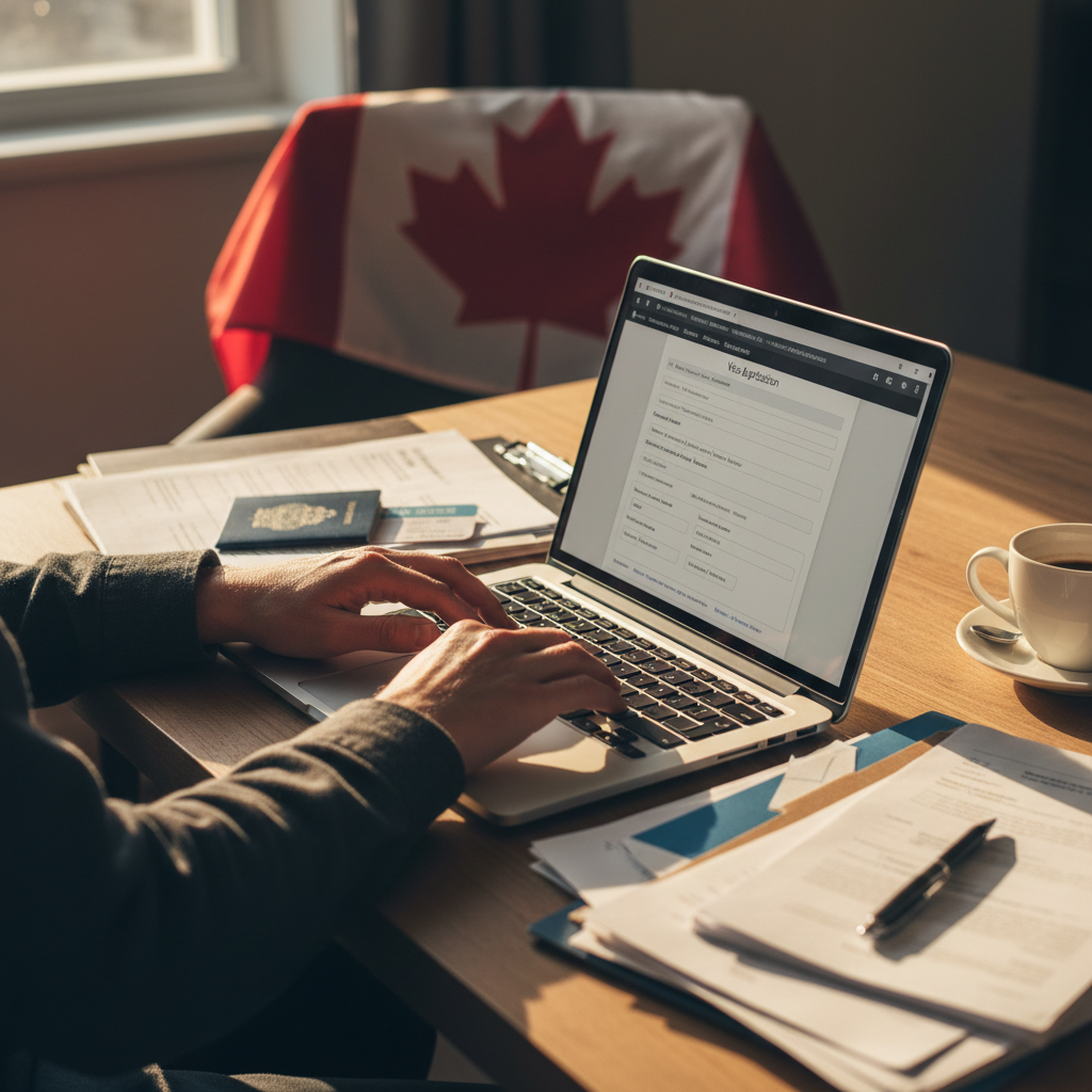A person's hands filling out an online visa application form on a laptop, with a Canadian flag visible in the background and organized physical documents scatte
