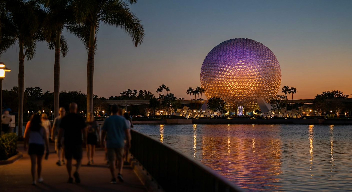 A icônica Spaceship Earth, a entrada para a jornada de descobertas do Epcot.