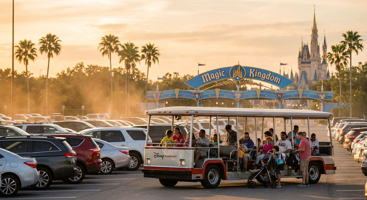 Estacionamento do Magic Kingdom, com bondes transportando os visitantes para a entrada do parque.