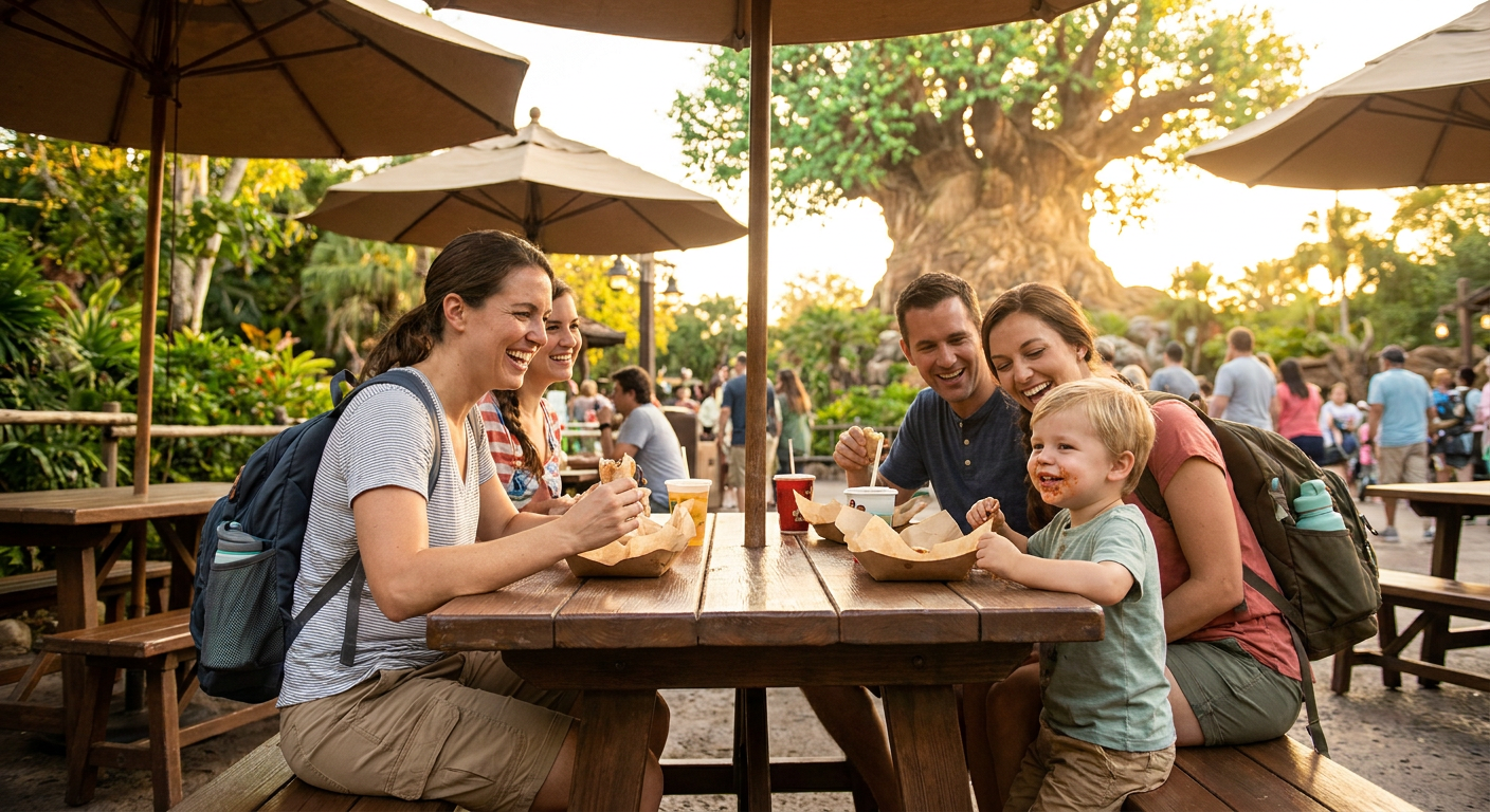 Uma família aproveitando uma refeição acessível no Animal Kingdom, com a icônica Árvore da Vida ao fundo.