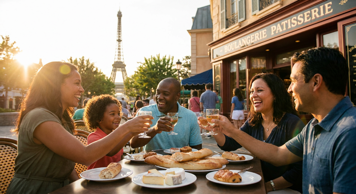 Passeando pelo pavilhão da França, com a réplica da Torre Eiffel.