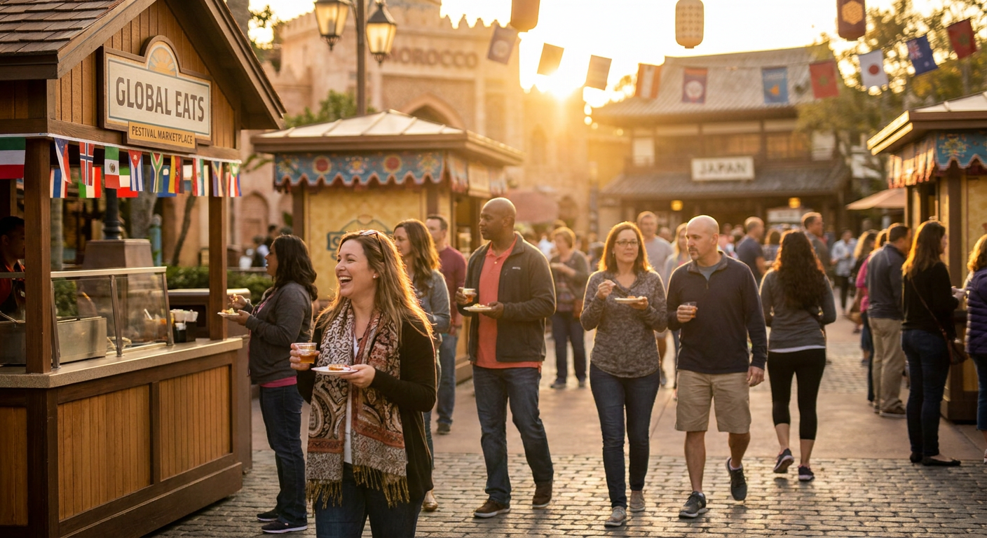 Visitantes desfrutando das delícias do Food & Wine Festival no Epcot.
