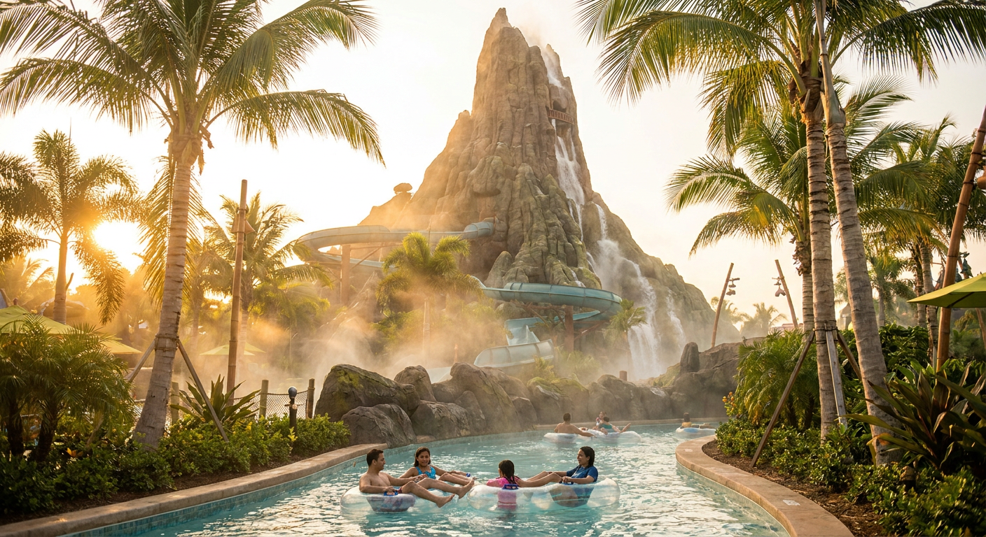 O majestoso vulcão Krakatau domina a paisagem do Volcano Bay.
