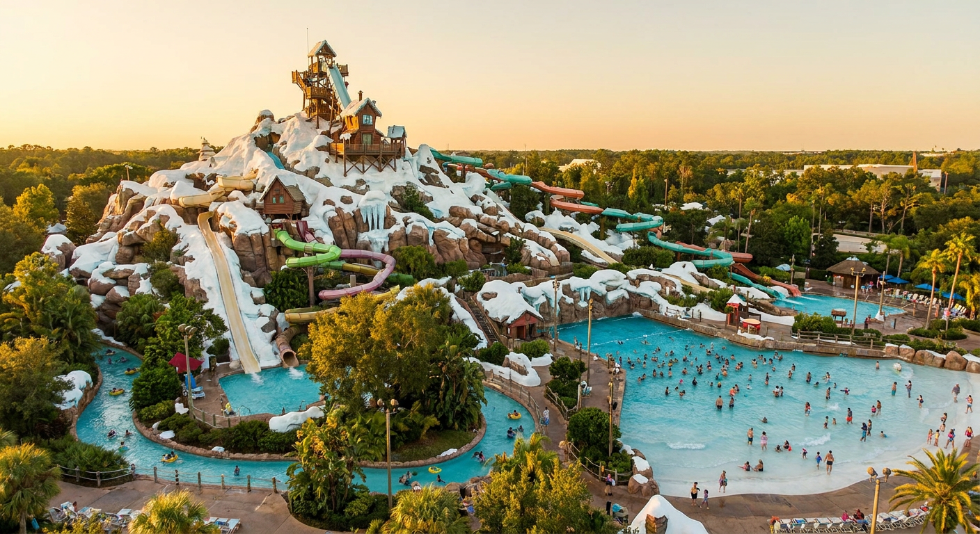 Vista aérea do parque Blizzard Beach, mostrando suas montanhas "nevadas" e toboáguas.