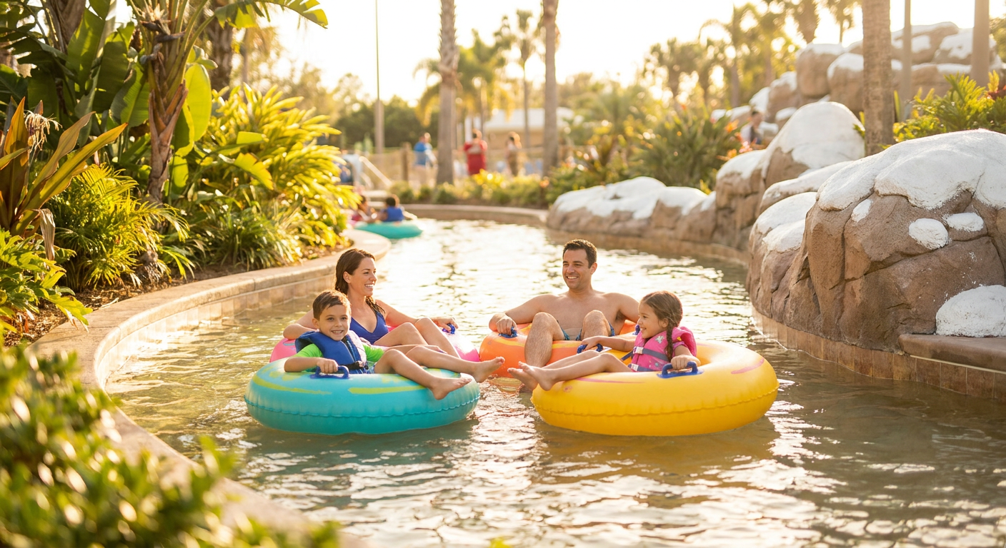 Família relaxando no rio lento Cross Country Creek, uma atração tranquila do Blizzard Beach.