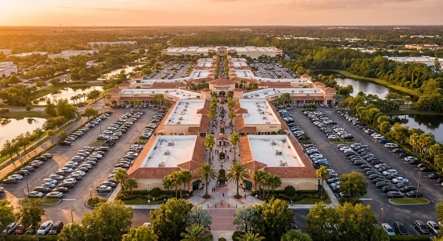 Vista aérea do Premium Outlets International Drive, destacando a disposição das lojas.