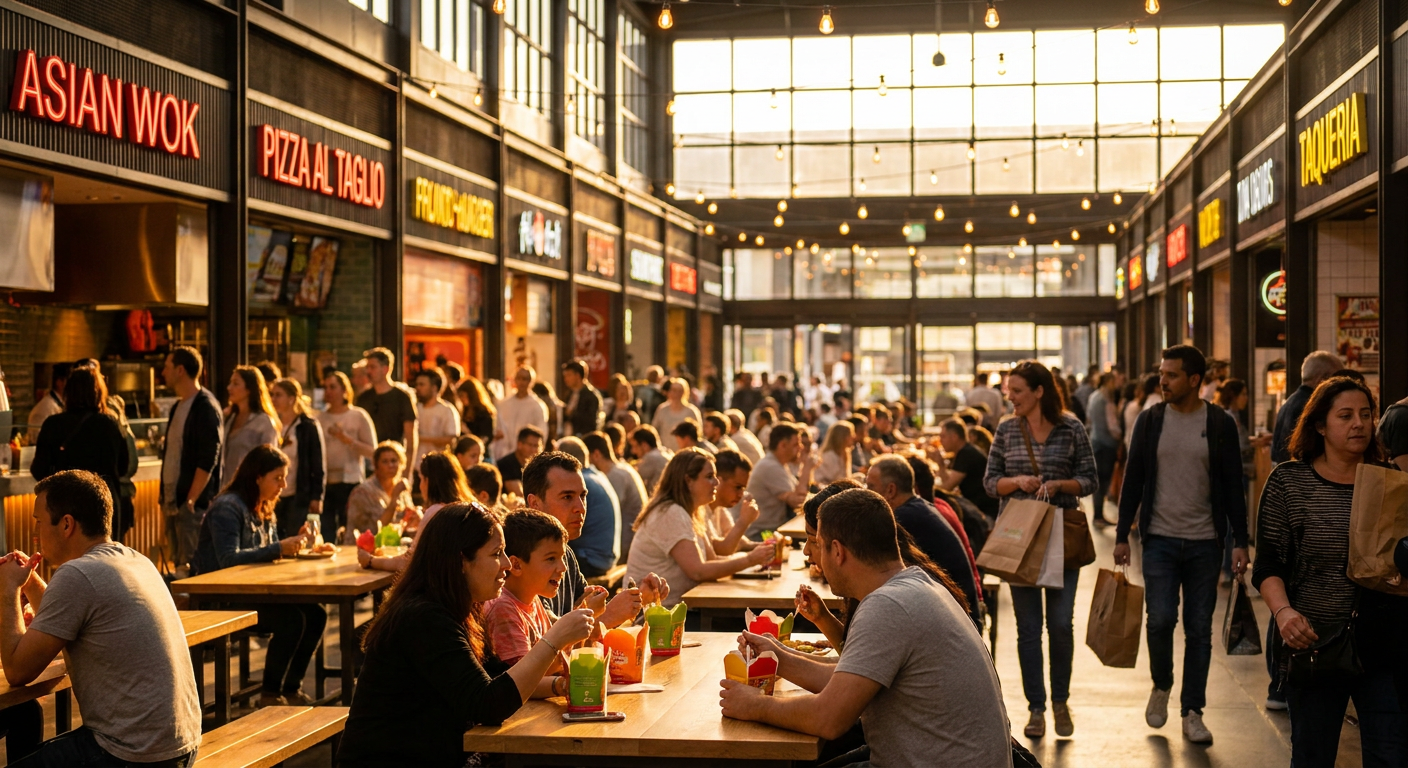 Opções de alimentação variadas na praça de alimentação do outlet, perfeitas para recarregar as energias.