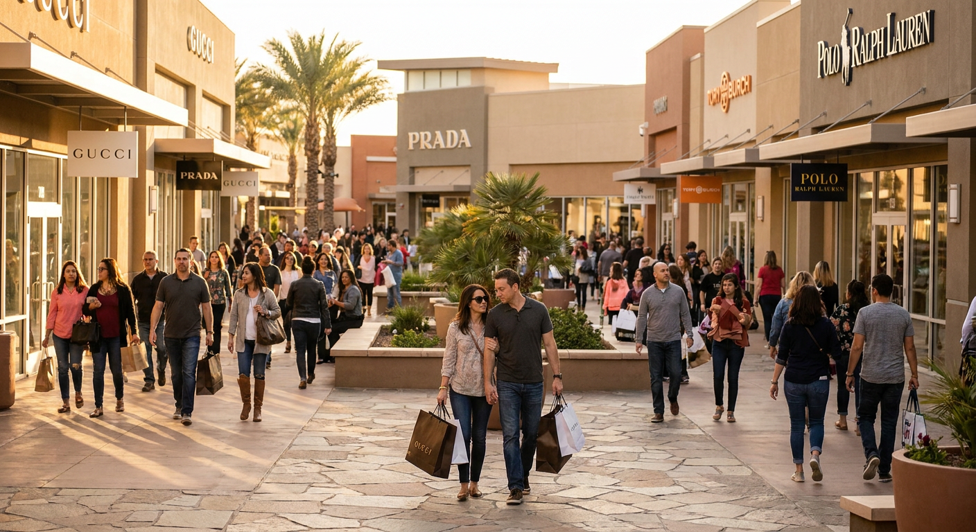 Vista geral de um dos corredores do Vineland Premium Outlets, com suas famosas lojas.