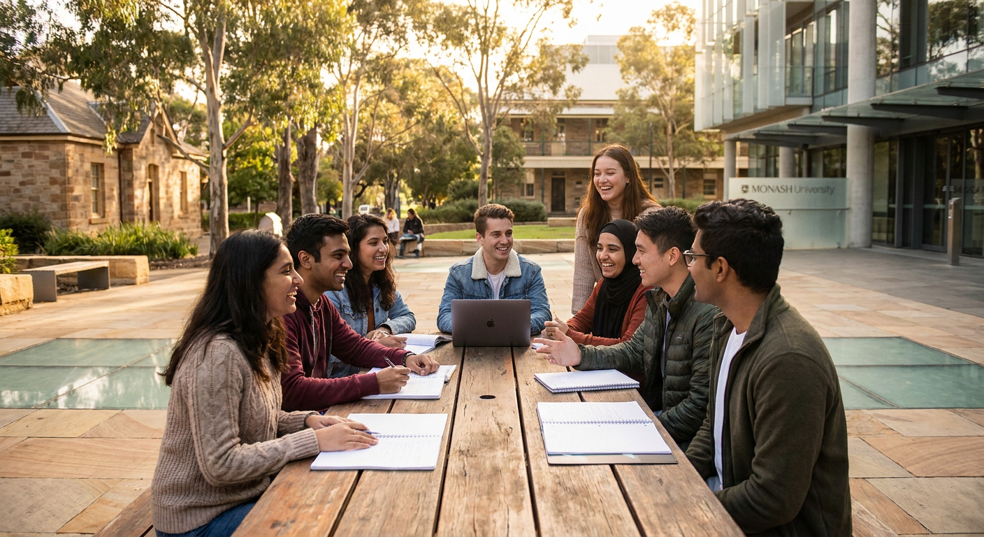 Estudantes internacionais se preparando para suas aulas em uma universidade australiana.